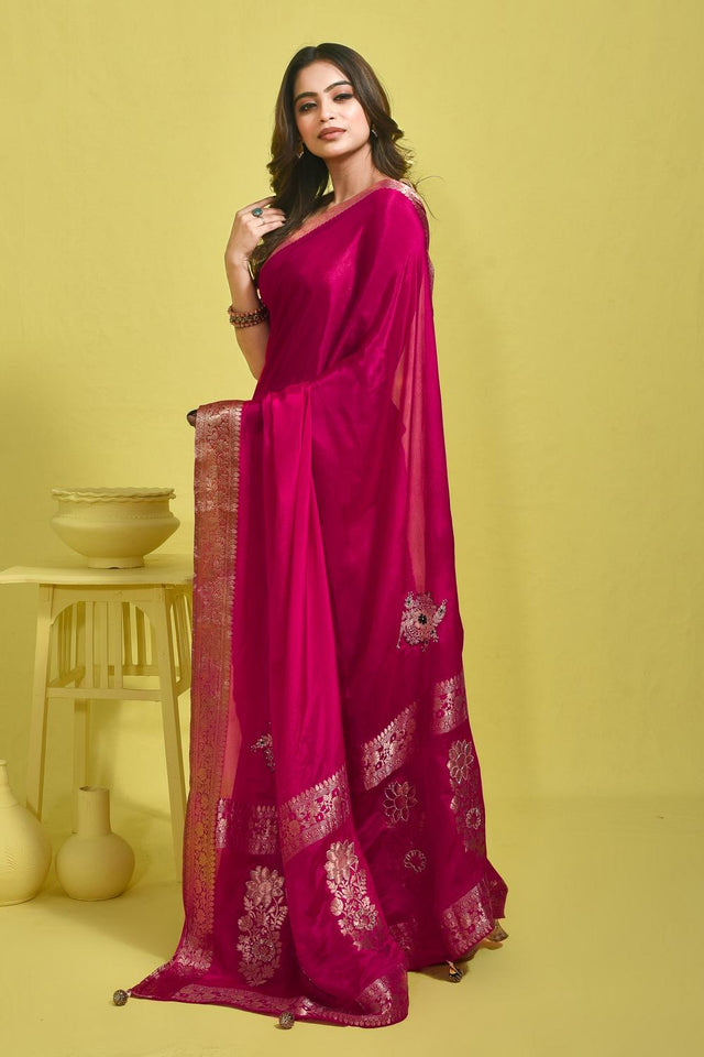 Pink Stone Embossed Silk Blend Saree (RBMPBZ6C3762)