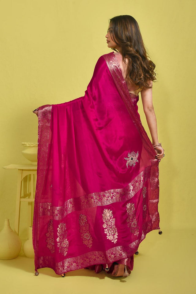 Pink Stone Embossed Silk Blend Saree (RBMPBZ6C3762)