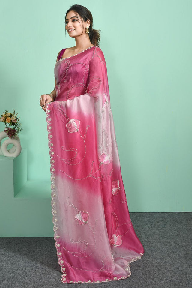 Pink Sequin & Beads Embossed Silk Blend Saree (RBMPWZ6C3816)