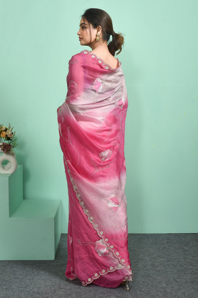 Pink Sequin & Beads Embossed Silk Blend Saree (RBMPWZ6C3816)