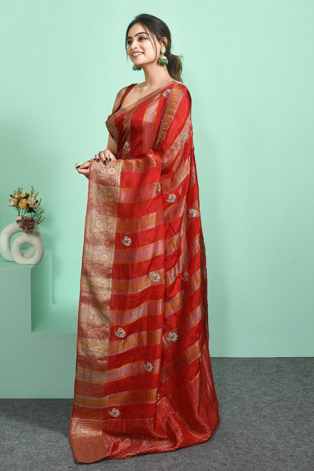 Red Woven Silk Blend Saree (RBMRRZ6C3829)