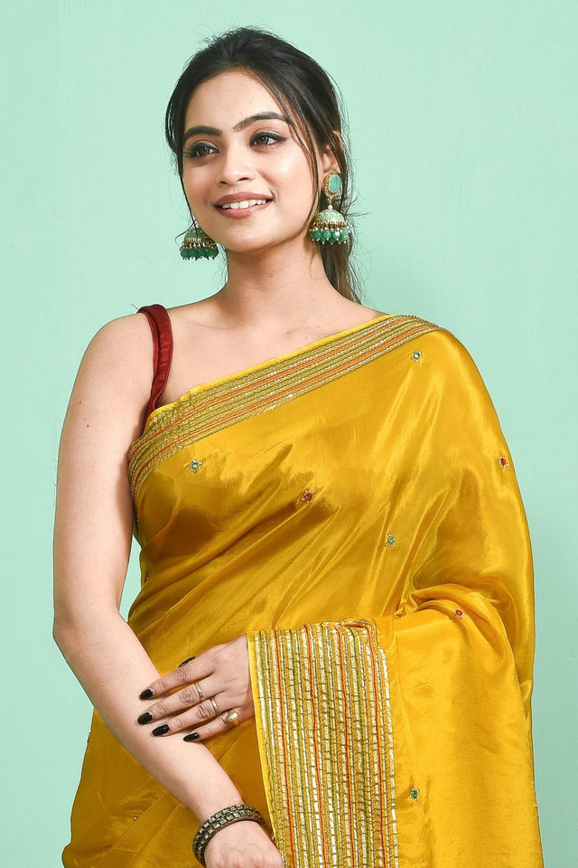 Yellow Embroidered Silk Blend Saree (RBMYRZ6C3836)