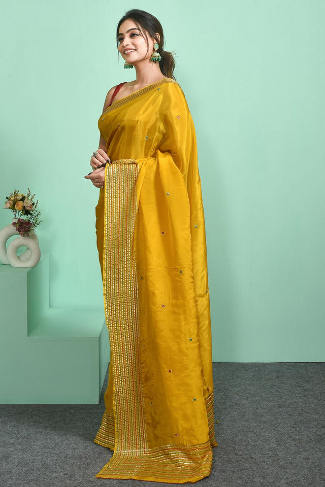 Yellow Embroidered Silk Blend Saree (RBMYRZ6C3836)