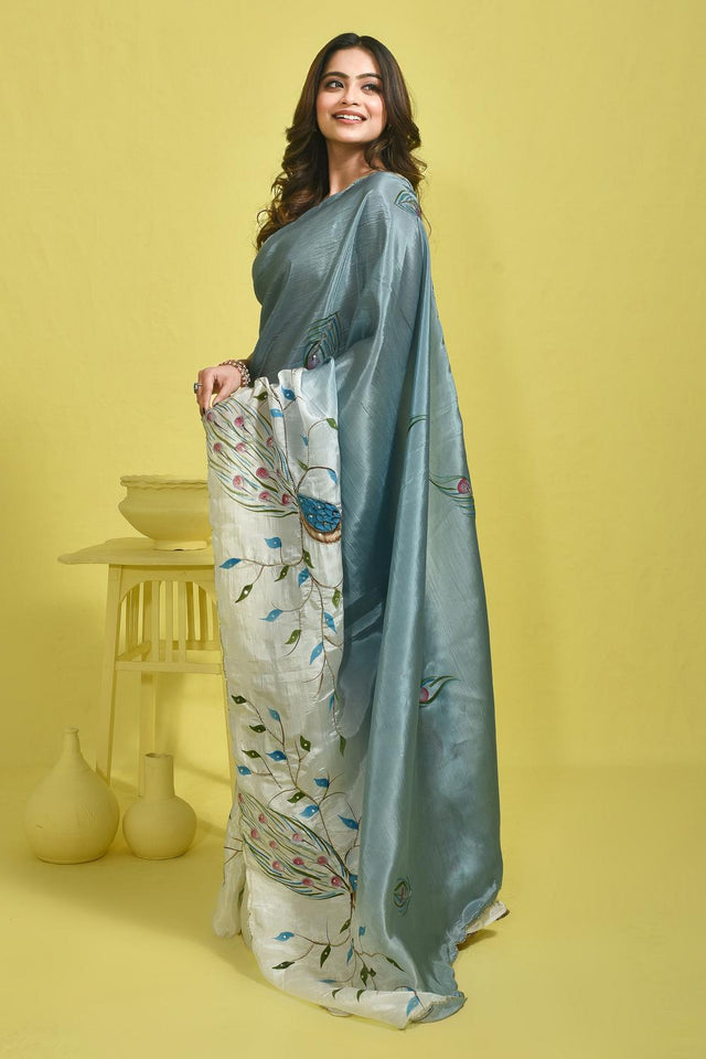 Blue Beads & Stone Embossed Satin Saree (RBTBWQ6C3759)