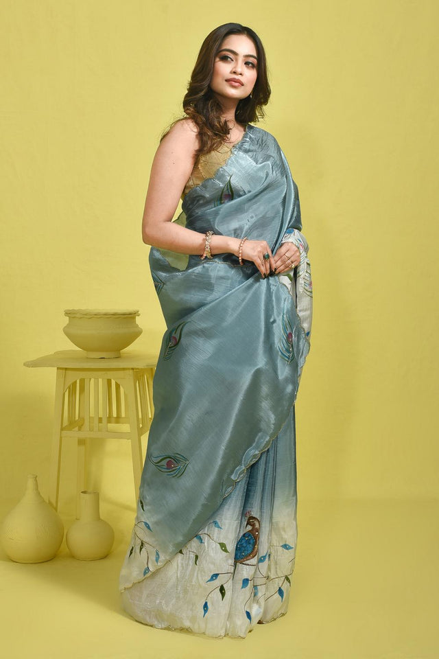 Blue Beads & Stone Embossed Satin Saree (RBTBWQ6C3759)