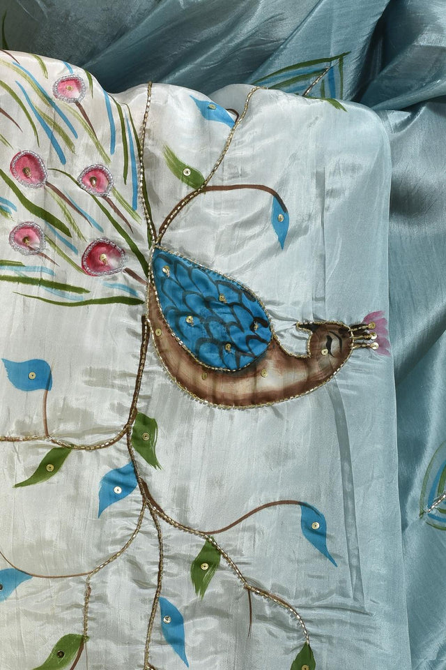 Blue Beads & Stone Embossed Satin Saree (RBTBWQ6C3759)