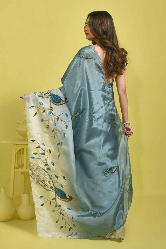 Blue Beads & Stone Embossed Satin Saree (RBTBWQ6C3759)