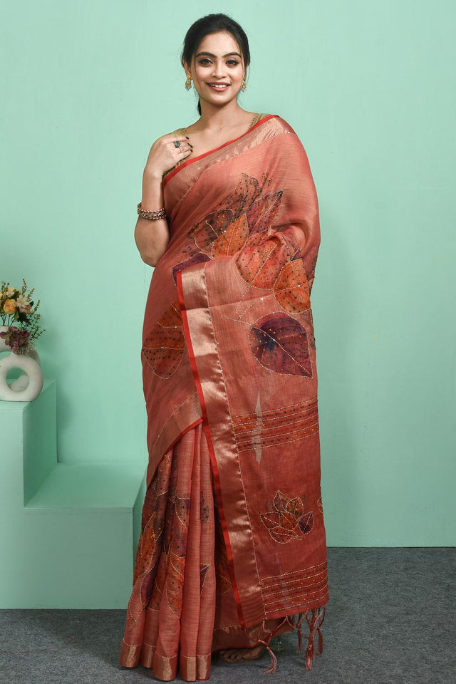Peach Embroidered Linen Blend Saree (RBUHHN6C3787)