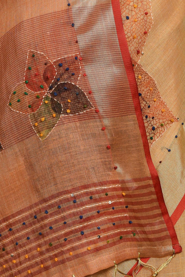 Yellow Embroidered Linen Blend Saree (RBUYYN6C3820)
