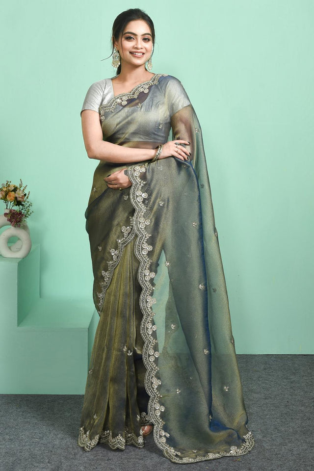 Green Sequin & Beads Embossed Tissue Saree (RDIGGZ6C3834)