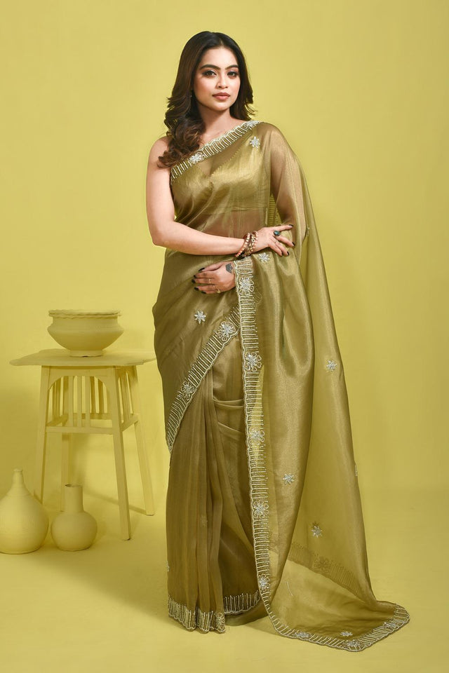 Green Beads & Stone Embossed Tissue Saree (RDIGGZ6C3842)