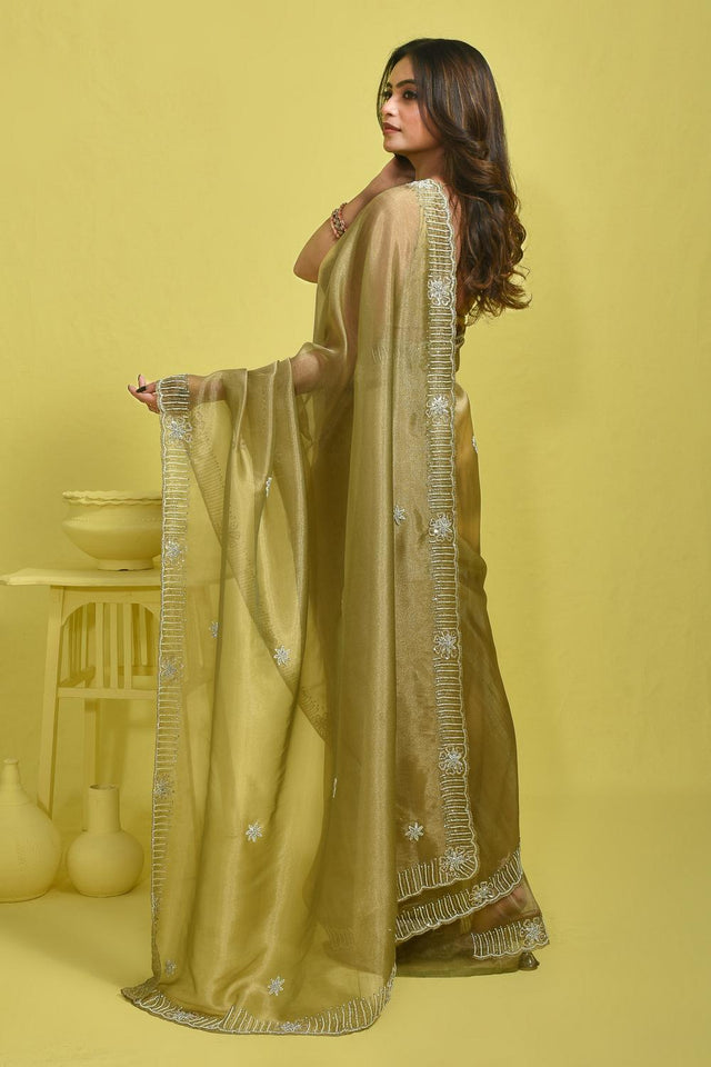 Green Beads & Stone Embossed Tissue Saree (RDIGGZ6C3842)
