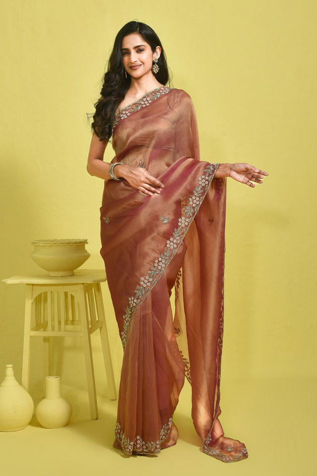 Peach Floral Embroidered Tissue Saree (RDIHHZ6B3726)