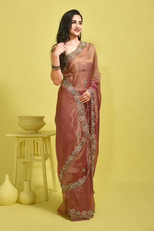 Peach Floral Embroidered Tissue Saree (RDIHHZ6B3726)