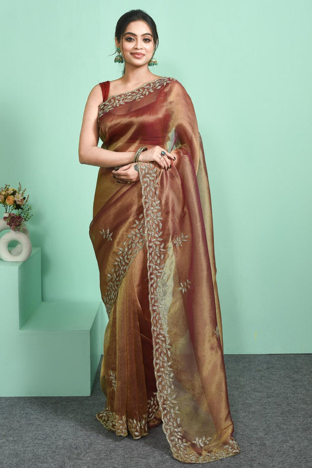 Peach Beads Embossed Tissue Saree (RDIHHZ6C3824)