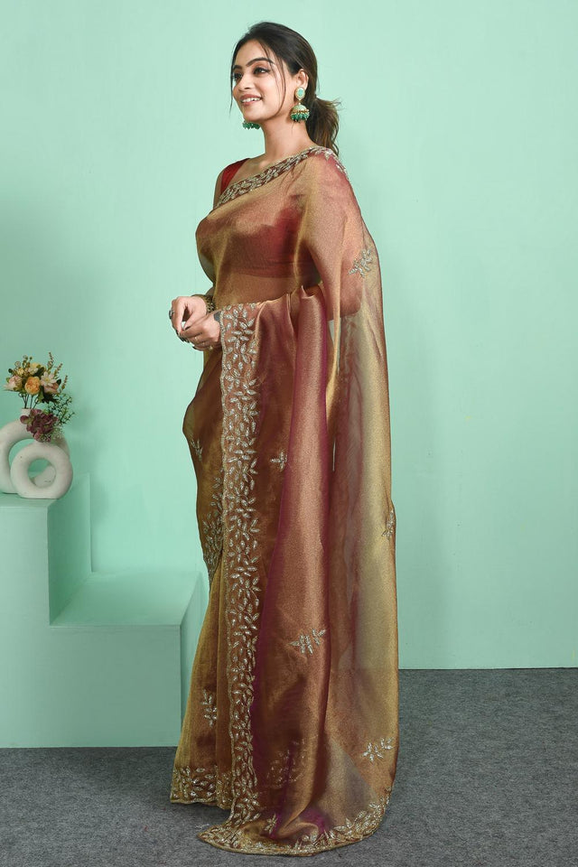Peach Beads Embossed Tissue Saree (RDIHHZ6C3824)
