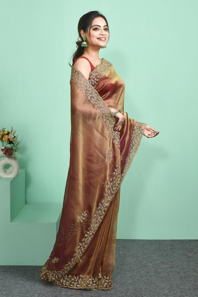 Peach Beads Embossed Tissue Saree (RDIHHZ6C3824)