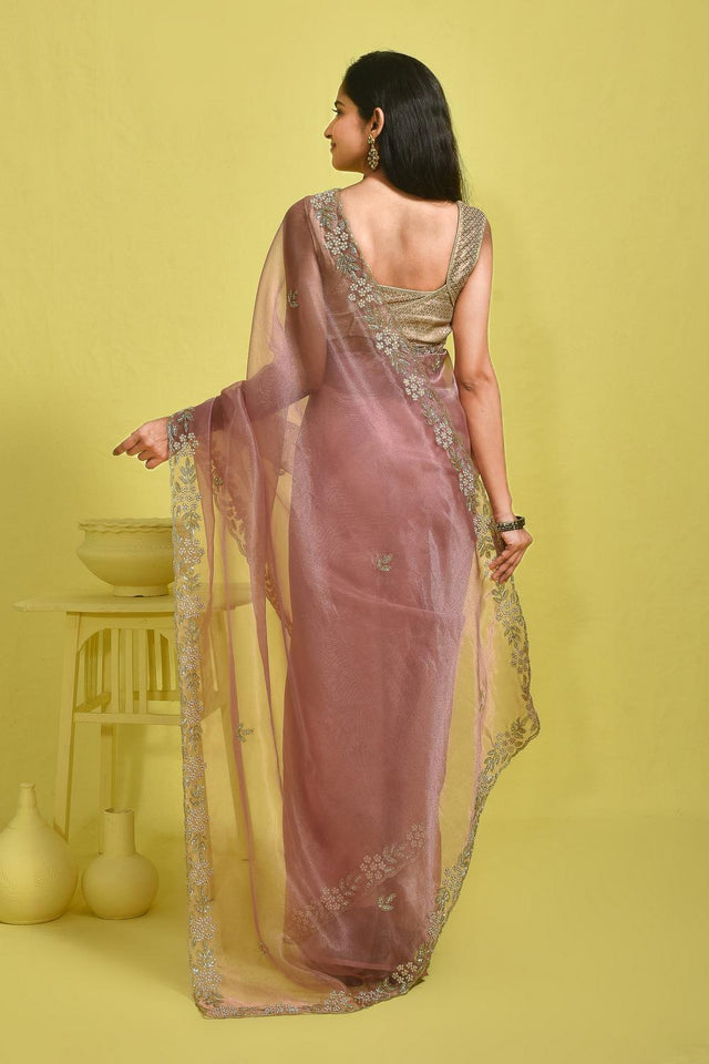 Pink Beads & Stone Embossed Organza Saree (RDOPPZ6B3733)