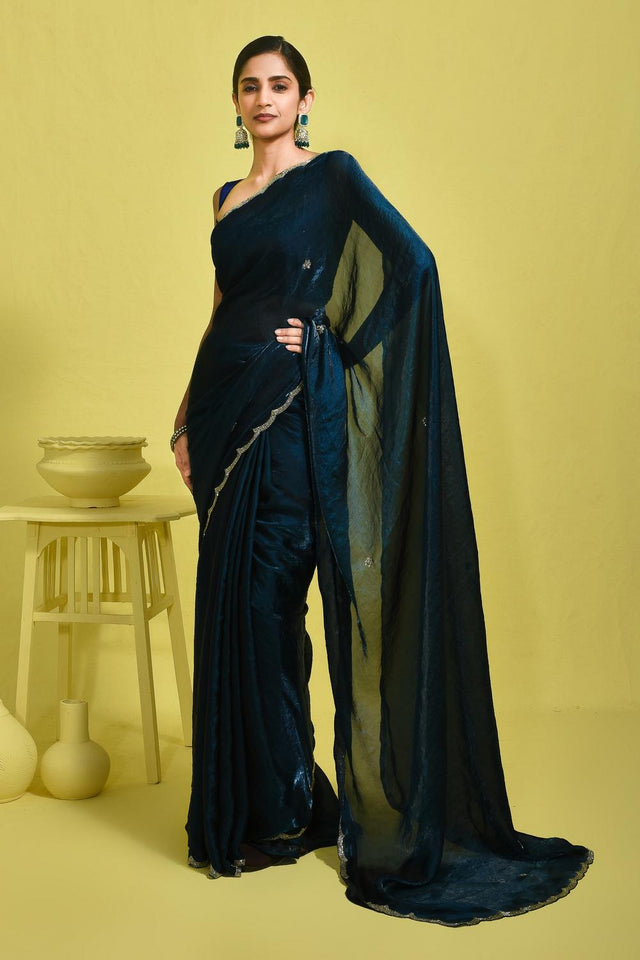 Blue Beads & Stone Embossed Satin Saree (RDTBBM6B3741)