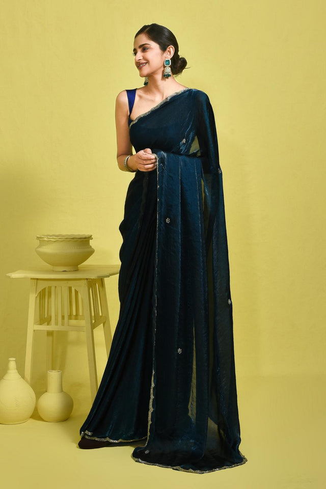Blue Beads & Stone Embossed Satin Saree (RDTBBM6B3741)