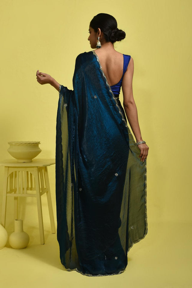 Blue Beads & Stone Embossed Satin Saree (RDTBBM6B3741)