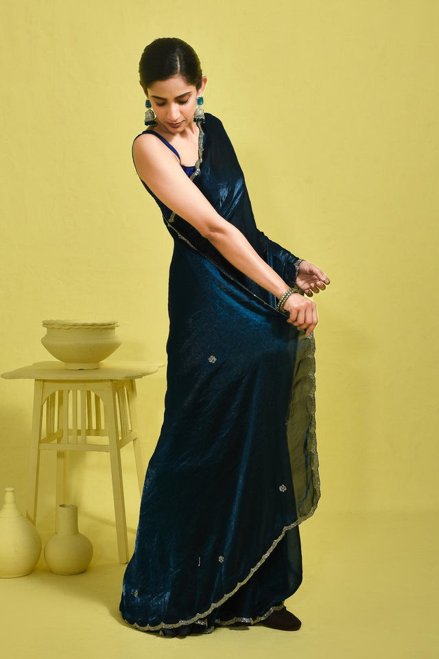 Blue Beads & Stone Embossed Satin Saree (RDTBBM6B3741)