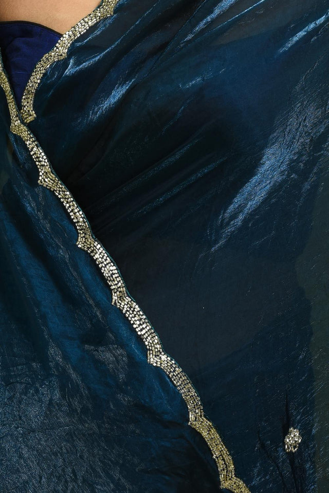 Blue Beads & Stone Embossed Satin Saree (RDTBBM6B3741)