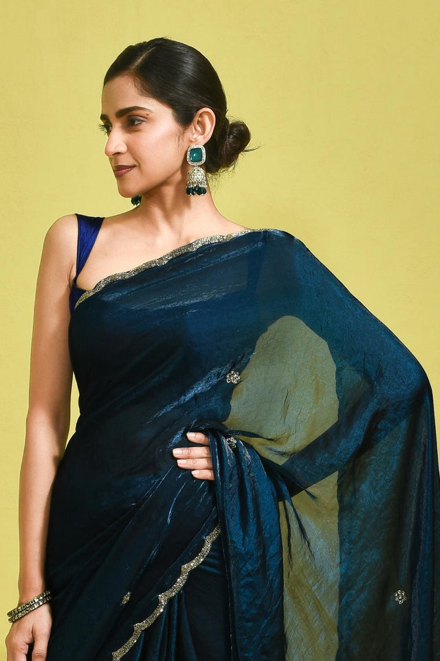 Blue Beads & Stone Embossed Satin Saree (RDTBBM6B3741)