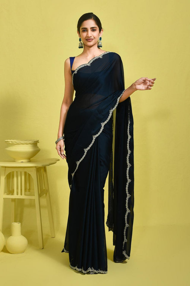 Blue Beads & Stone Embossed Satin Saree (RDTBBN6B3753)