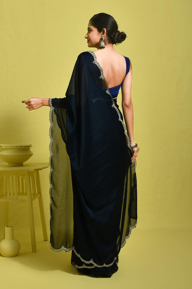 Blue Beads & Stone Embossed Satin Saree (RDTBBN6B3753)