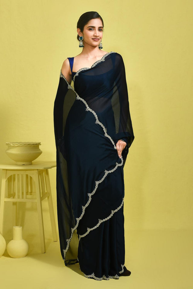 Blue Beads & Stone Embossed Satin Saree (RDTBBN6B3753)
