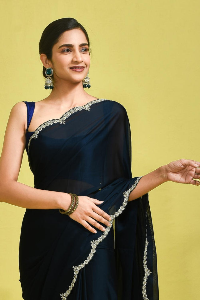Blue Beads & Stone Embossed Satin Saree (RDTBBN6B3753)