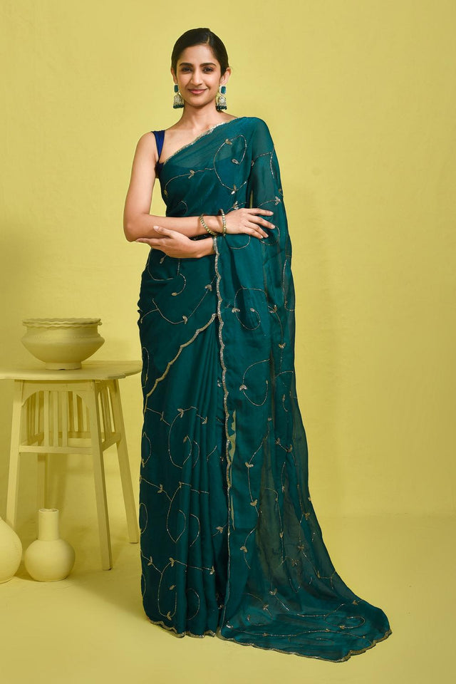 Blue Beads & Stone Embossed Satin Saree (RDTBBO6B3754)