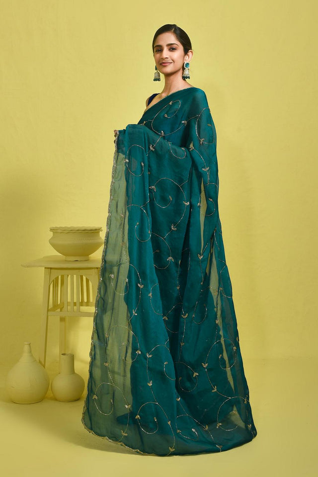 Blue Beads & Stone Embossed Satin Saree (RDTBBO6B3754)