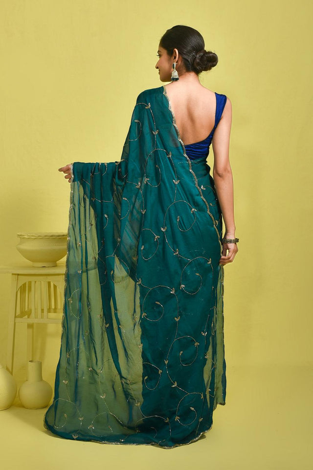 Blue Beads & Stone Embossed Satin Saree (RDTBBO6B3754)