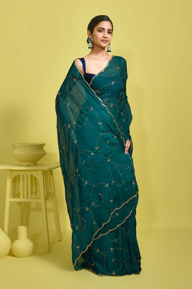 Blue Beads & Stone Embossed Satin Saree (RDTBBO6B3754)