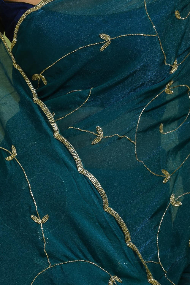 Blue Beads & Stone Embossed Satin Saree (RDTBBO6B3754)
