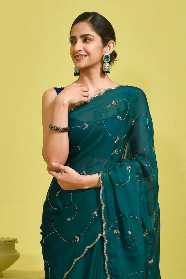 Blue Beads & Stone Embossed Satin Saree (RDTBBO6B3754)