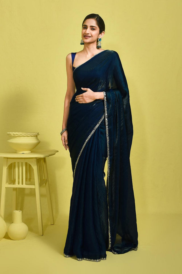Blue Mirror Sequin Satin Saree (RDTBBO6B3756)