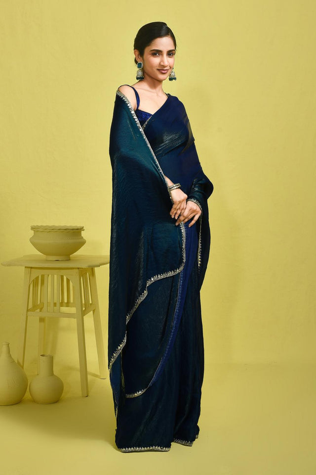 Blue Mirror Sequin Satin Saree (RDTBBO6B3756)