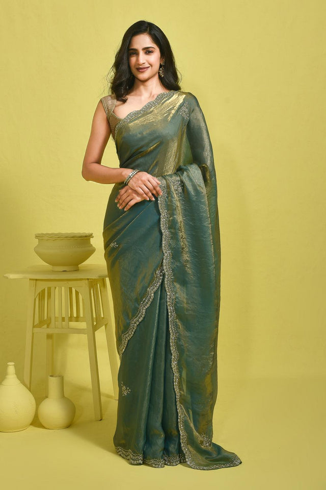 Blue Embroidered Satin Saree (RDTBBT6B3724)