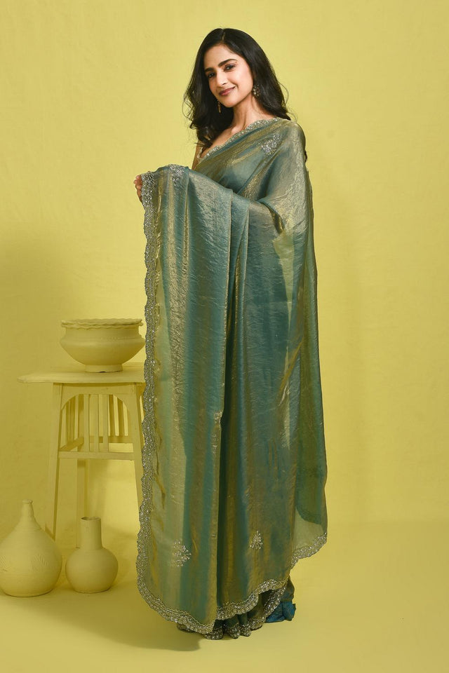 Blue Embroidered Satin Saree (RDTBBT6B3724)