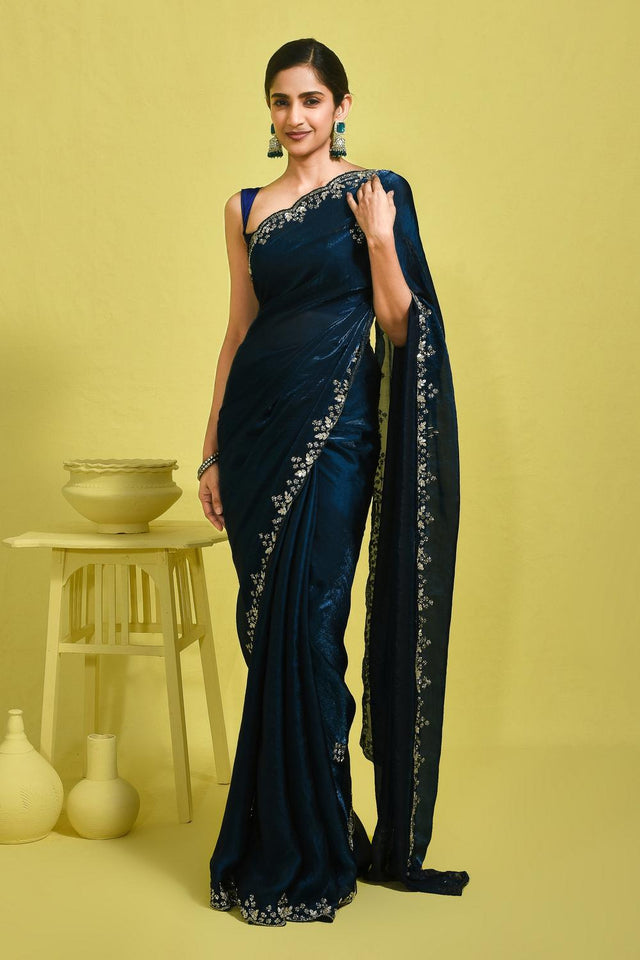 Blue Embroidered Satin Saree (RDTBBU6B3743)