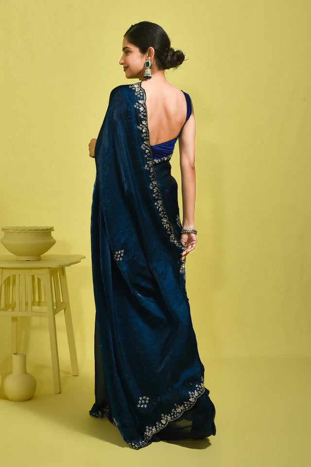 Blue Embroidered Satin Saree (RDTBBU6B3743)