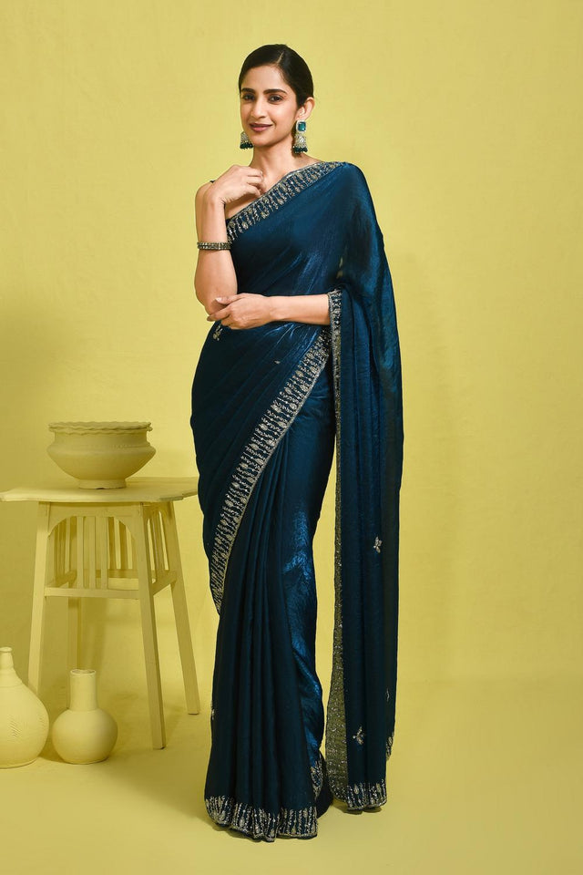 Blue Beads & Stone Embossed Satin Saree (RDTBBW6B3744)
