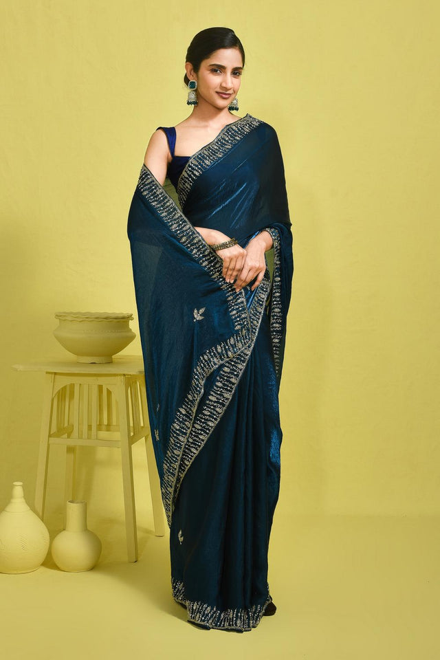 Blue Beads & Stone Embossed Satin Saree (RDTBBW6B3744)