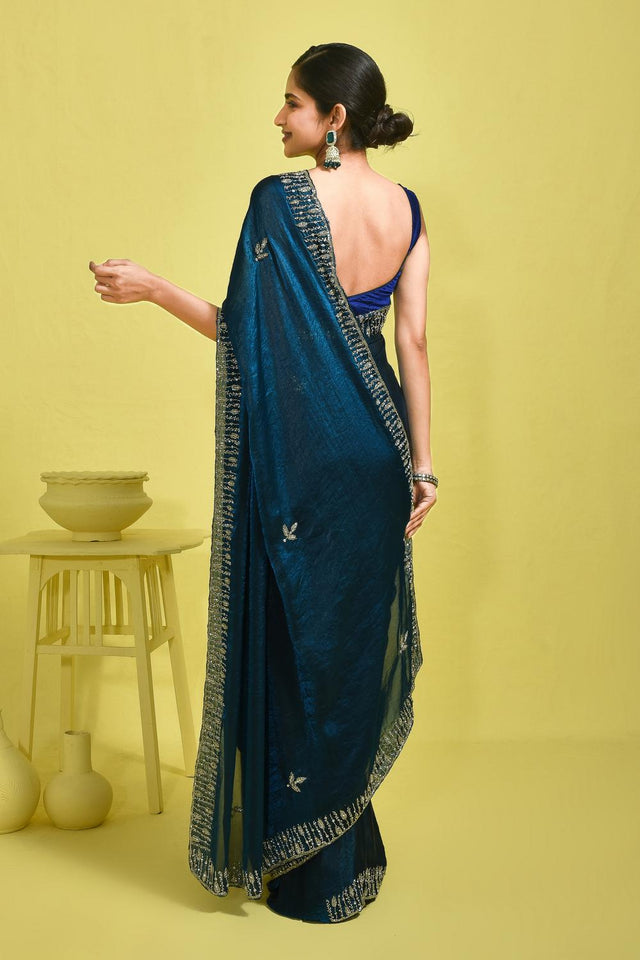 Blue Beads & Stone Embossed Satin Saree (RDTBBW6B3744)