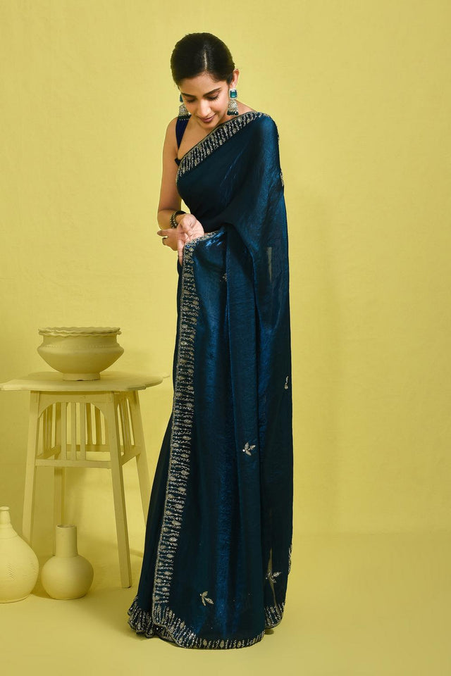 Blue Beads & Stone Embossed Satin Saree (RDTBBW6B3744)