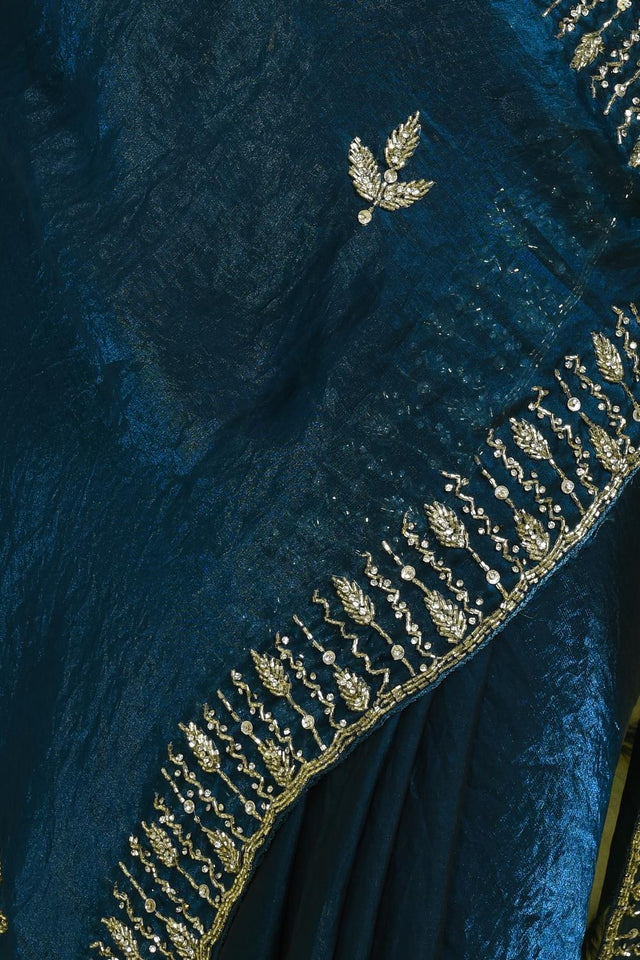 Blue Beads & Stone Embossed Satin Saree (RDTBBW6B3744)