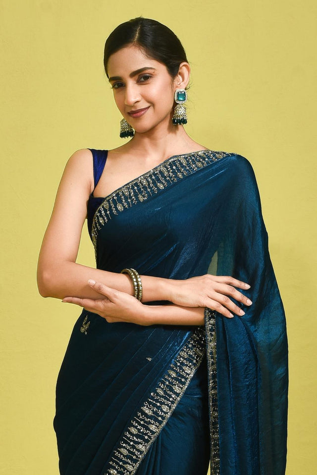 Blue Beads & Stone Embossed Satin Saree (RDTBBW6B3744)